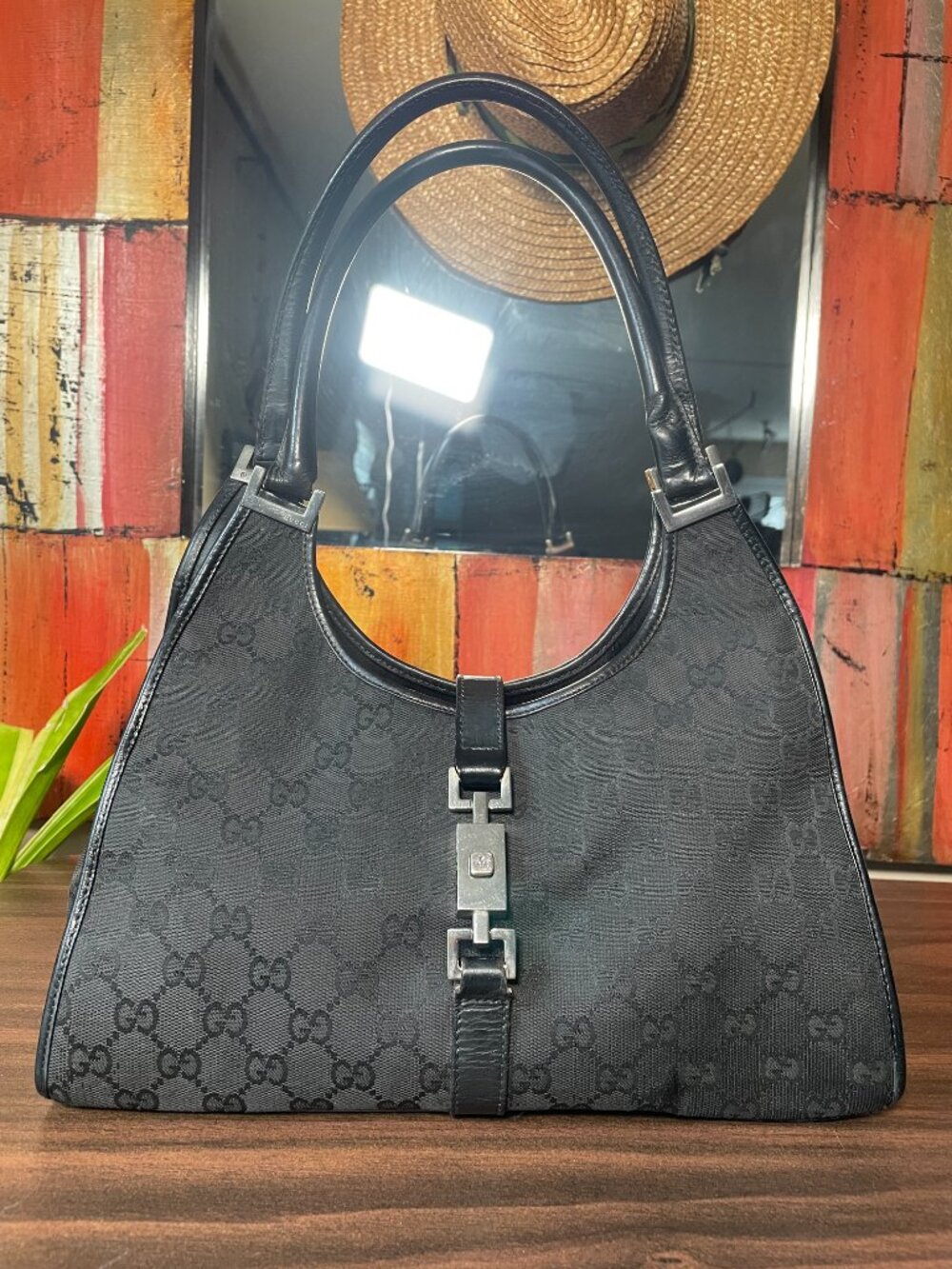 Vintage Gucci Jackie Bardot Shoulder Bag GG Signature Black Monogram